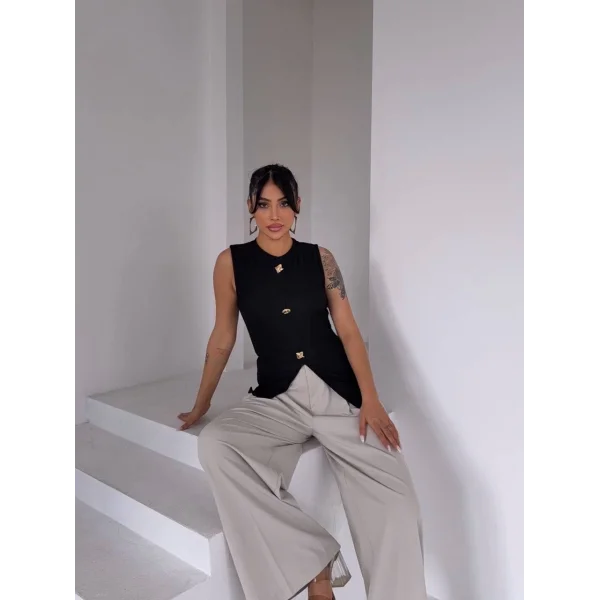 Kadın siyah bisiklet yaka gold düğmeli ottoman bluz s2310