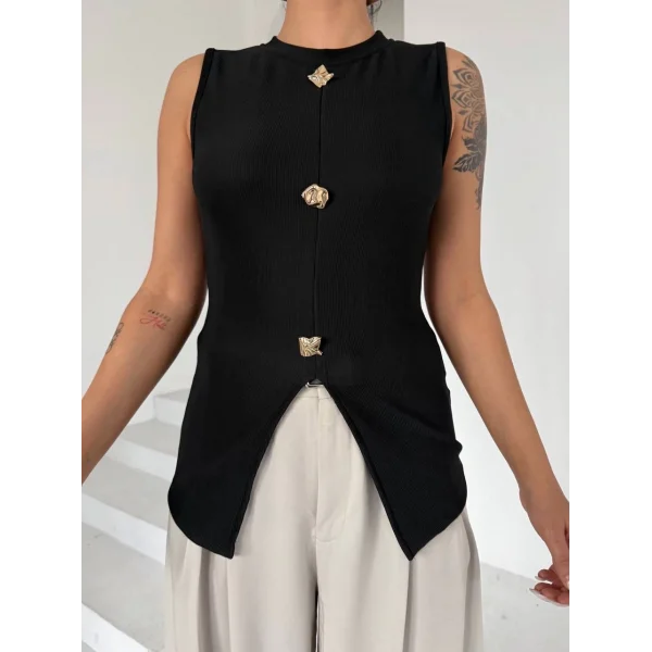 Kadın siyah bisiklet yaka gold düğmeli ottoman bluz s2310