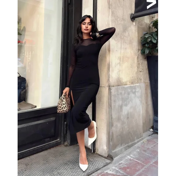 Kadın tül detaylı midi boy yırtmaçlı elbise