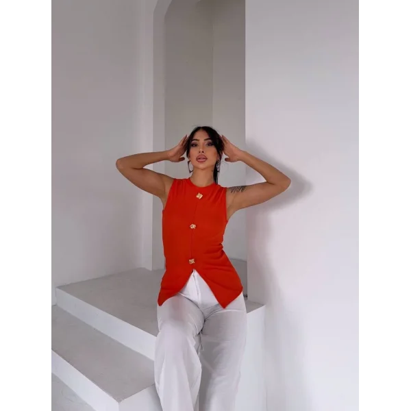 Kadın turuncu bisiklet yaka gold düğmeli ottoman bluz s2310