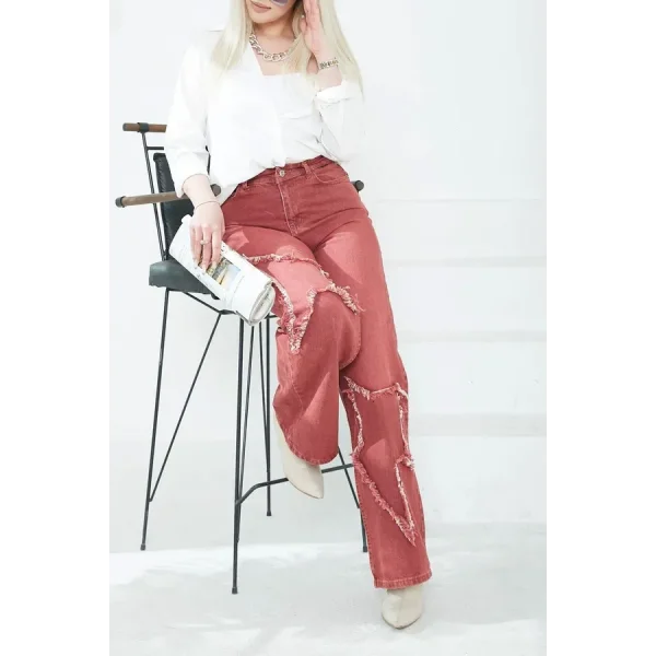 Kadın Yüksel Bel Püskül Detaylı Palazzo Jean Kot Pantolon