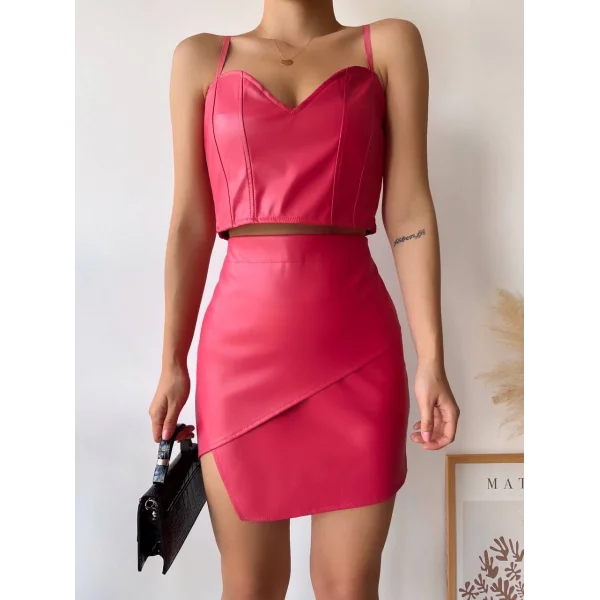 Kapaklı asimetrik model deri etek pembe s240106