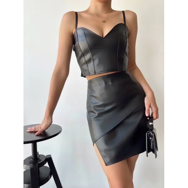 Kapaklı asimetrik model deri etek siyah s240106