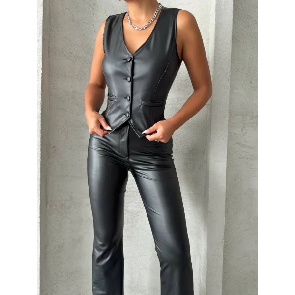 Kaplama düğmeli deri yelek siyah s24398