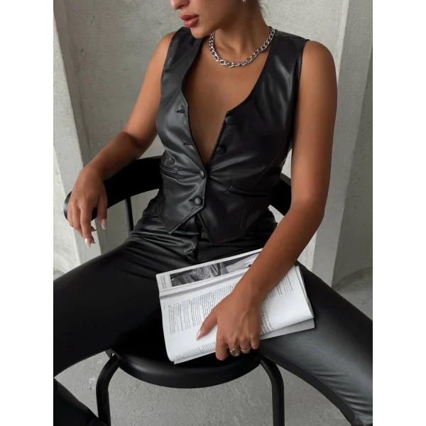 Kaplama düğmeli deri yelek siyah s24398