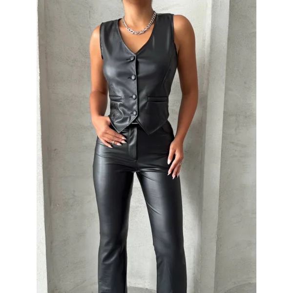 Kaplama düğmeli deri yelek siyah s24398