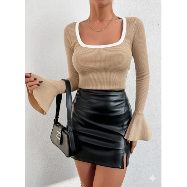 Kare yaka garni detay ispanyol kol bluz bej a3105