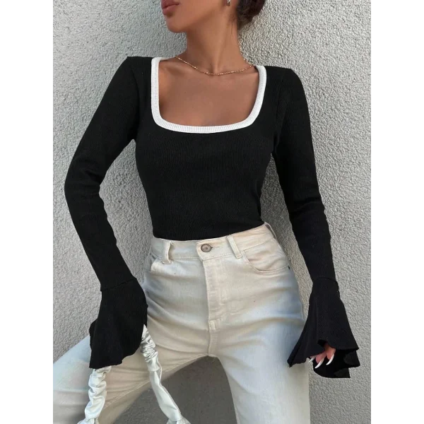 Kare yaka garni detay ispanyol kol bluz siyah a3105