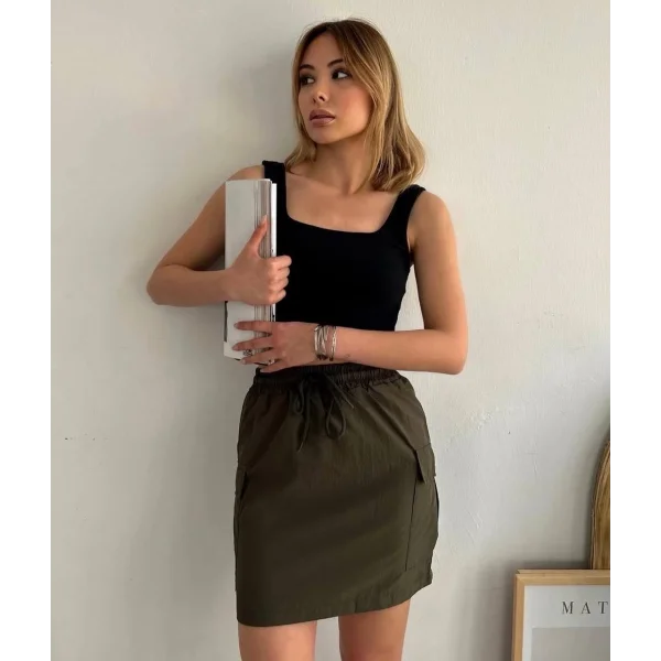 Kargo cep ince paraşüt etek haki s241019