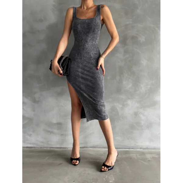 Kaşkorse aşit yıkamalı yırtmaçlı elbise