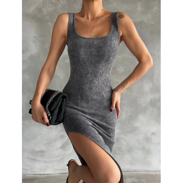 Kaşkorse aşit yıkamalı yırtmaçlı elbise