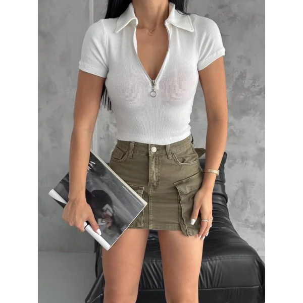 kaşkorse yaka fermuarlı bluz beyaz