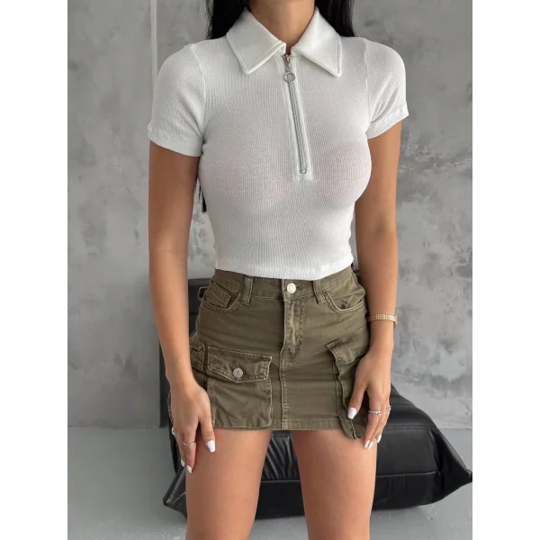 kaşkorse yaka fermuarlı bluz beyaz