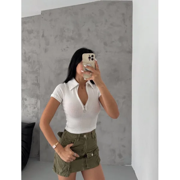 kaşkorse yaka fermuarlı bluz beyaz