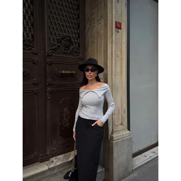 Kelebek yaka uzun kol bluz Gri