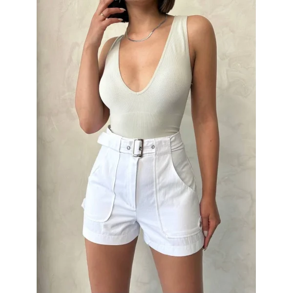 Kemer detaylı gabardin şort beyaz s25289