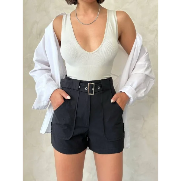 Kemer detaylı gabardin şort siyah s25289