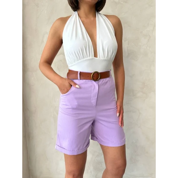 Kemerli gabardin şort lila s25735