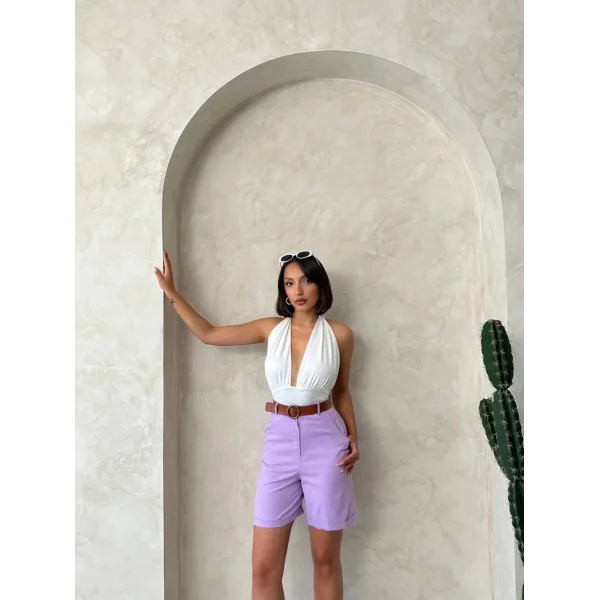 Kemerli gabardin şort lila s25735