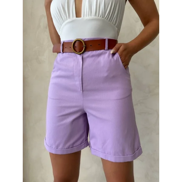 Kemerli gabardin şort lila s25735