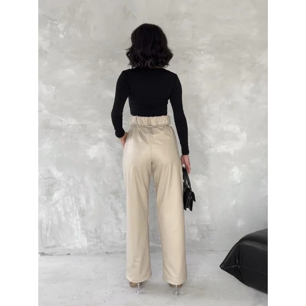 Kendinden ince kemerli deri pantolon bej t1178