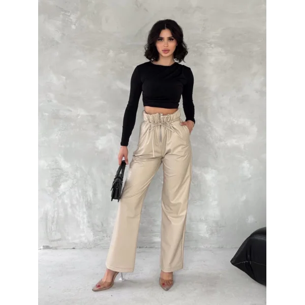 Kendinden ince kemerli deri pantolon bej t1178