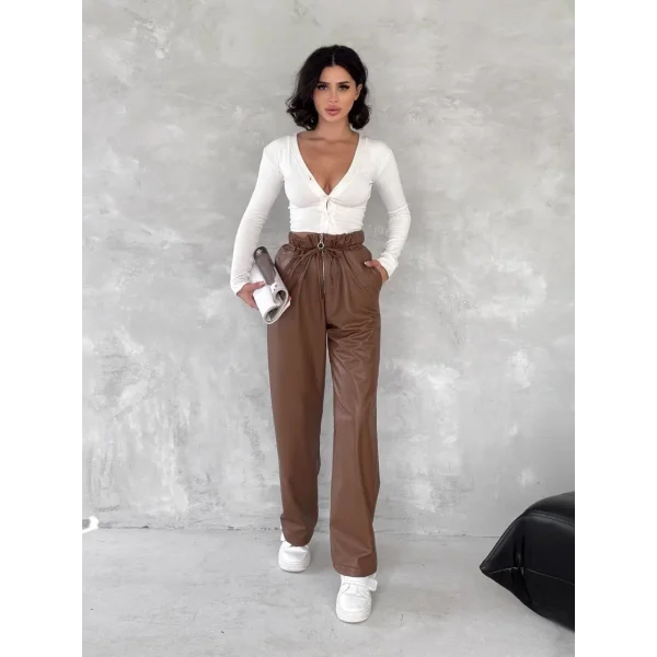 Kendinden ince kemerli deri pantolon kahve t1178