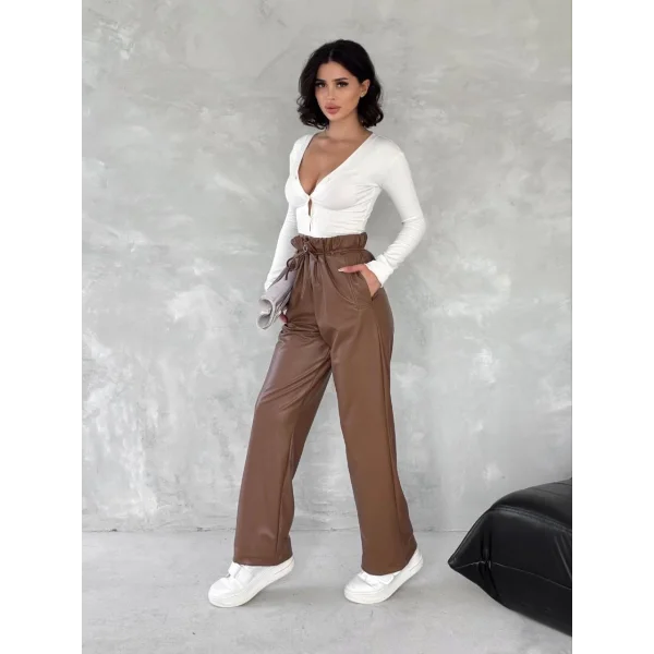 Kendinden ince kemerli deri pantolon kahve t1178