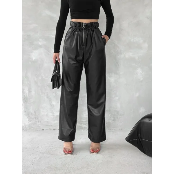 Kendinden ince kemerli deri pantolon siyah t1178