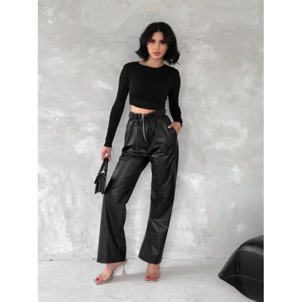 Kendinden ince kemerli deri pantolon siyah t1178