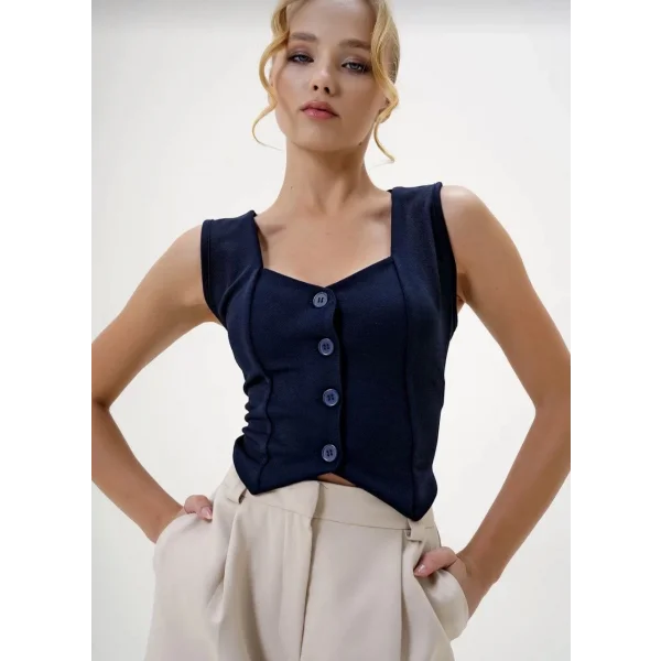 Krep kumaş düğmeli yelek lacivert s3395