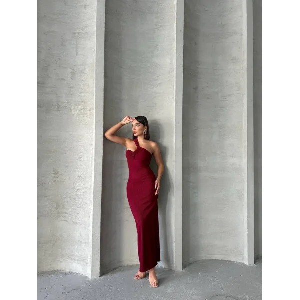Krinkıl tek omuz uzun elbise bordo s25455