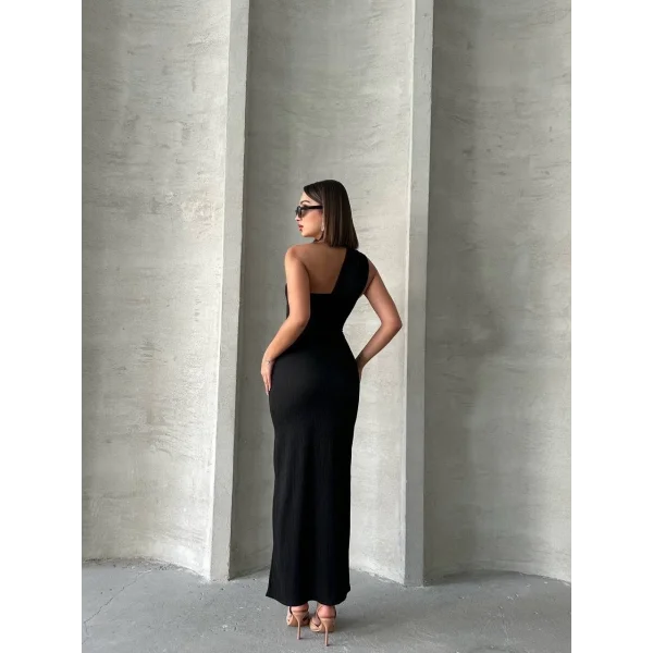 Krinkıl tek omuz uzun elbise siyah s25455