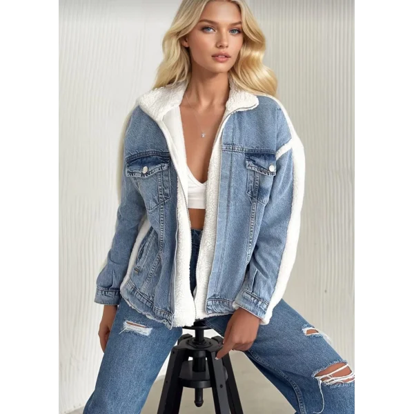 Kürklü kot ceket mavi t7009