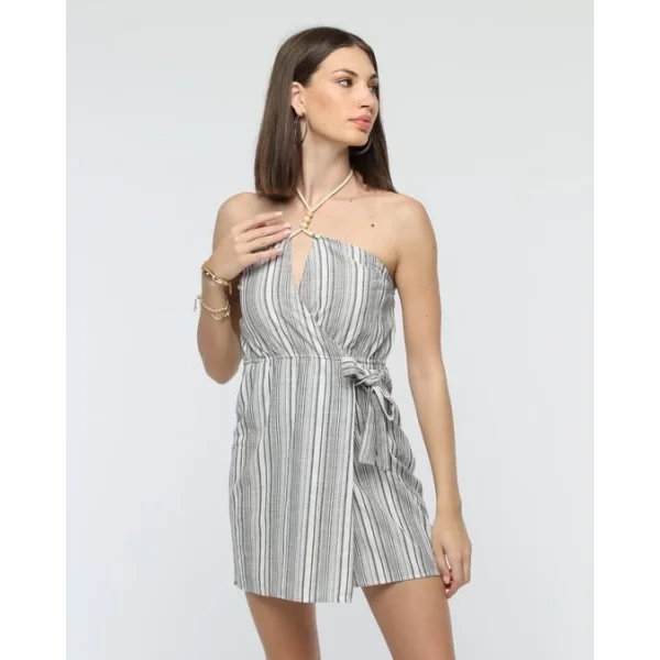 Kuşaklı çizgili mini keten elbise