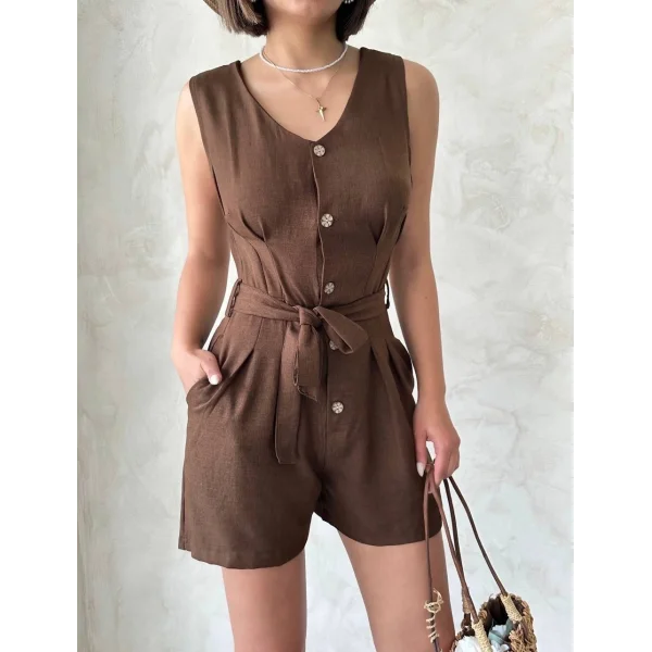 Kuşaklı şortlu tulum