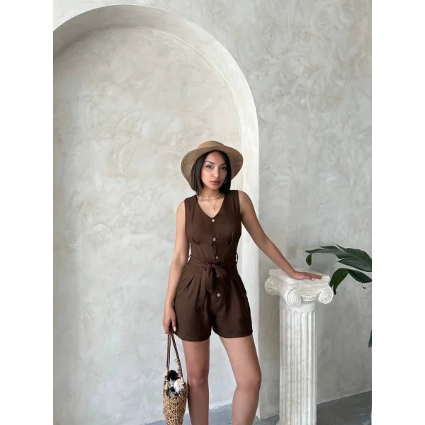 Kuşaklı şortlu tulum