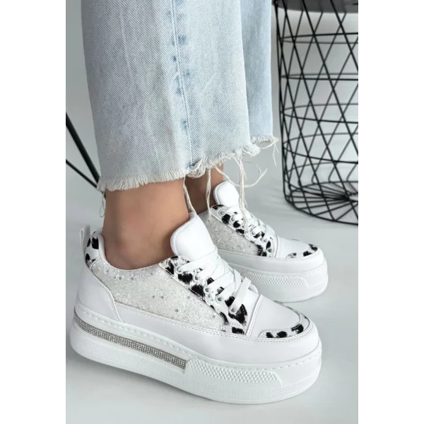 Lawin Beyaz Cilt Beyaz Simli Bağcıklı Spor Ayakkabı