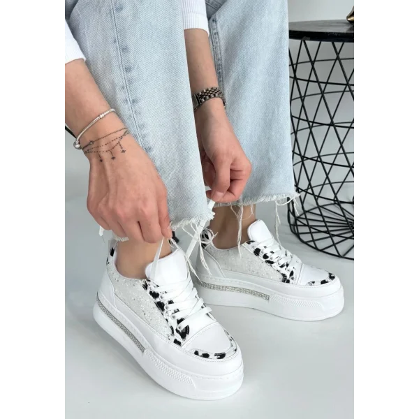 Lawin Beyaz Cilt Beyaz Simli Bağcıklı Spor Ayakkabı