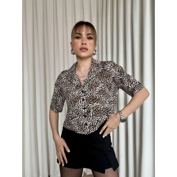 Leopar desenli crop gömlek