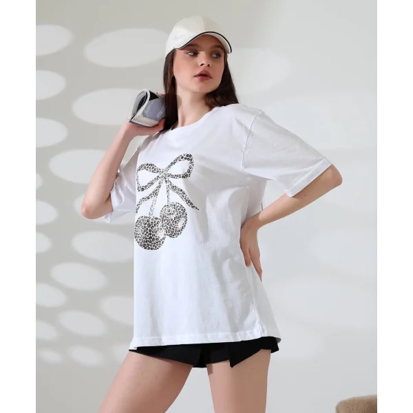 Leopar desenli kiraz baskılı tişört