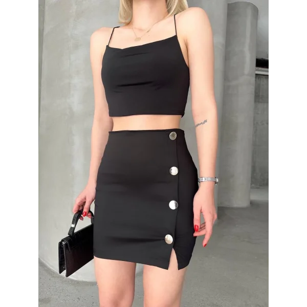 Likralı gabardin dört düğmeli etek