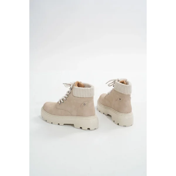 LMÇ-2045 Bej Süet Bağcıklı Kalın Taban Kadın Günlük Bot