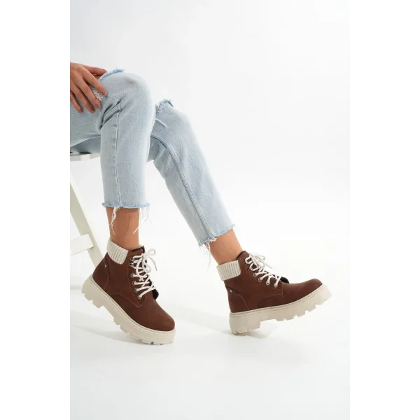 LMÇ-2045 Kahverengi Süet Bağcıklı Kalın Taban Kadın Günlük Bot