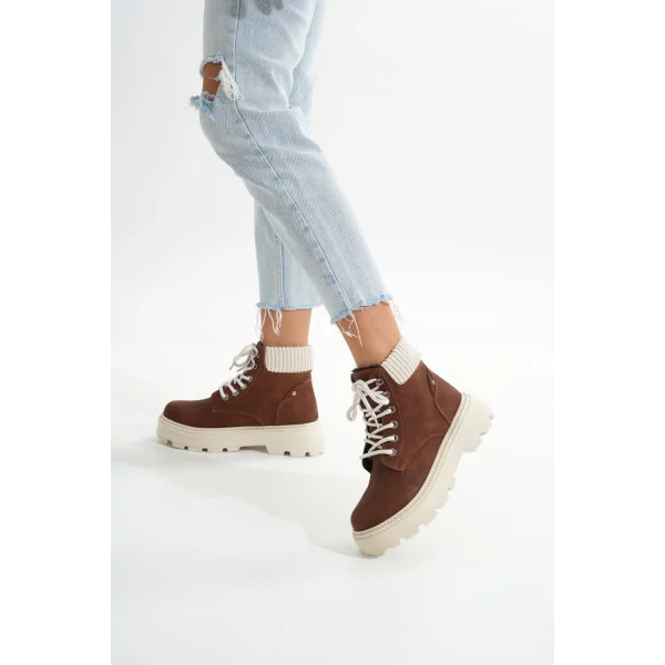 LMÇ-2045 Kahverengi Süet Bağcıklı Kalın Taban Kadın Günlük Bot