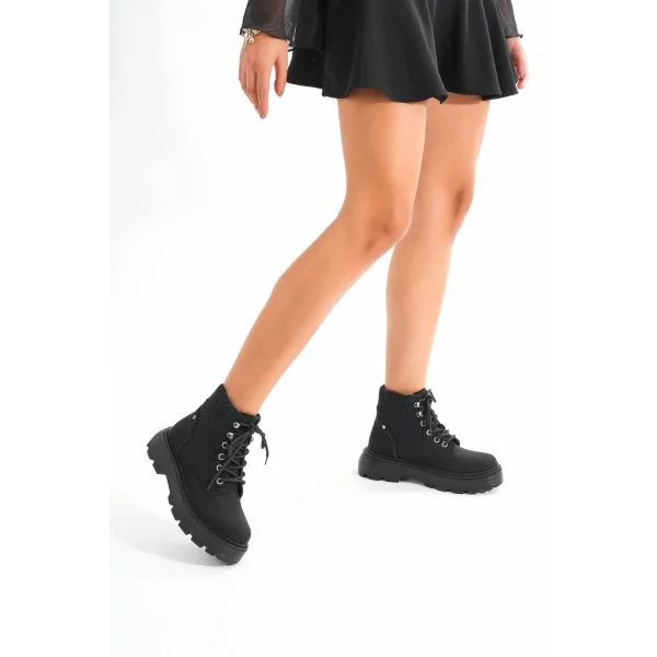 LMÇ-2045 Kömür Siyahı Bağcıklı Kalın Taban Kadın Günlük Bot