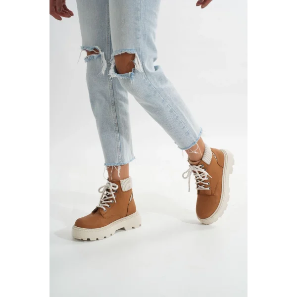 LMÇ-2045 Taba Süet Bağcıklı Kalın Taban Kadın Günlük Bot