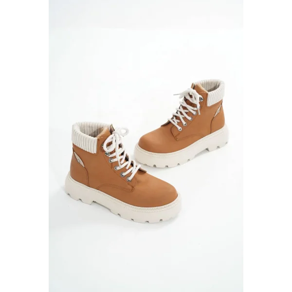 LMÇ-2045 Taba Süet Bağcıklı Kalın Taban Kadın Günlük Bot