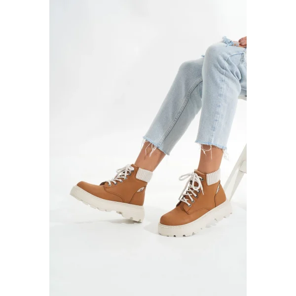 LMÇ-2045 Taba Süet Bağcıklı Kalın Taban Kadın Günlük Bot