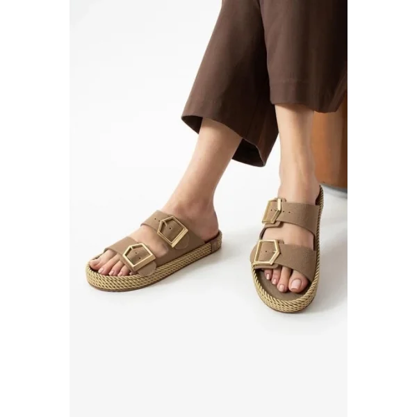 Loera Vizon Nubuk Çift Tokalı Terlik